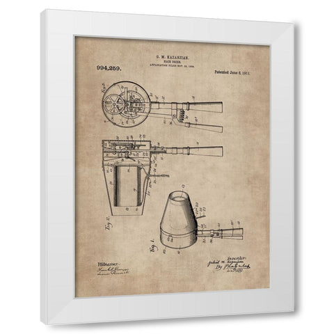 Patent Document of a Hair Dryer White Modern Wood Framed Art Print by CAG