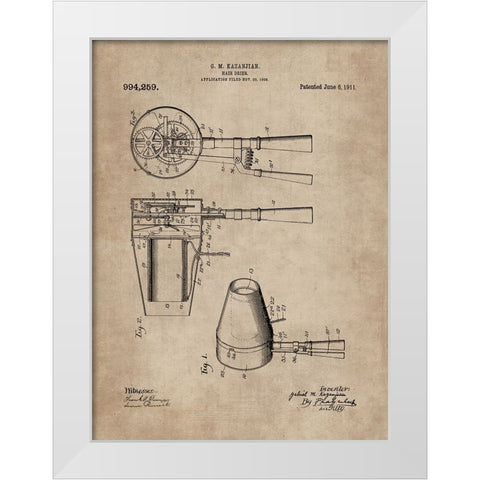 Patent Document of a Hair Dryer White Modern Wood Framed Art Print by CAG