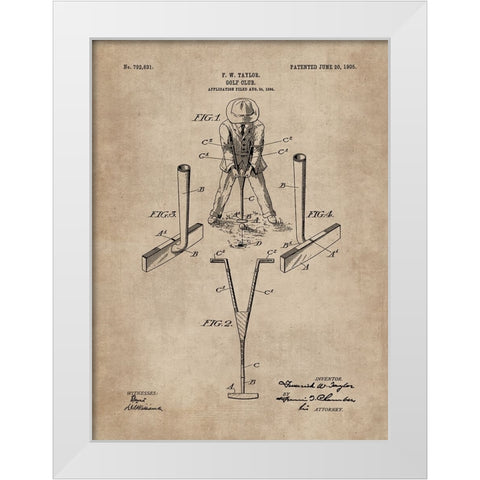 Patent Document of a Golf Club White Modern Wood Framed Art Print by CAG