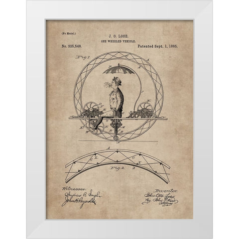 Patent Document of a One Wheeled Vehicle White Modern Wood Framed Art Print by CAG