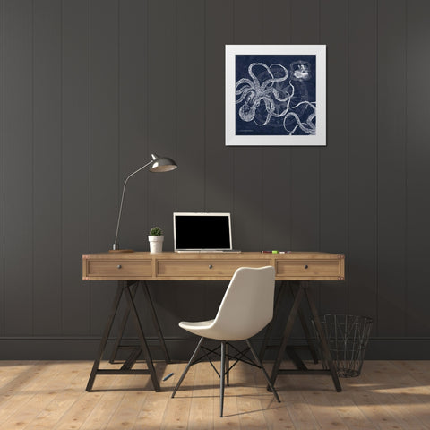 Octopi on Indigo I White Modern Wood Framed Art Print by Babbitt, Gwendolyn
