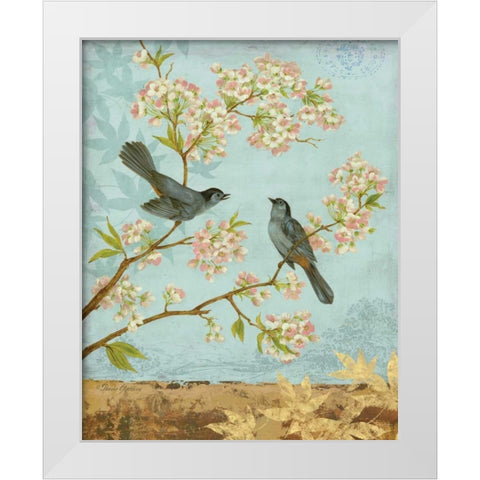 Catbirds and Blooms White Modern Wood Framed Art Print by Gladding, Pamela