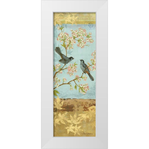 Catbirds and Blooms Panel White Modern Wood Framed Art Print by Gladding, Pamela