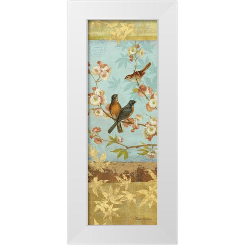 Robins and Blooms Panel White Modern Wood Framed Art Print by Gladding, Pamela