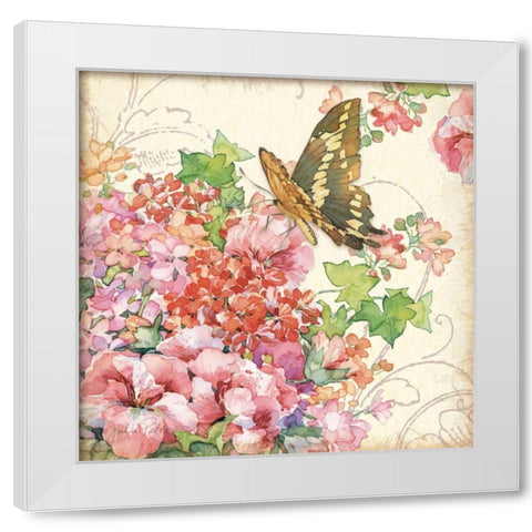Geranium and Butterflies White Modern Wood Framed Art Print by Paton, Julie