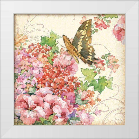 Geranium and Butterflies White Modern Wood Framed Art Print by Paton, Julie