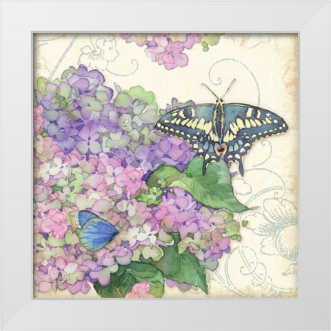 Hydrangea and Butterflies White Modern Wood Framed Art Print by Paton, Julie