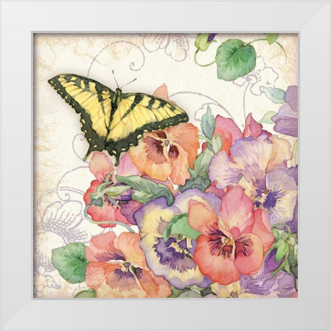 Pansies and Butterflies White Modern Wood Framed Art Print by Paton, Julie