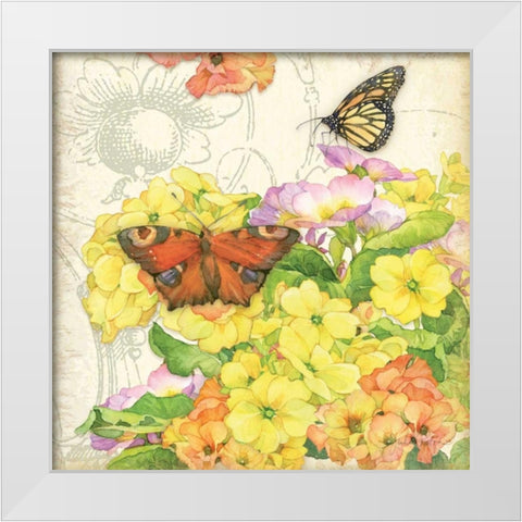 Primrose and Butterflies White Modern Wood Framed Art Print by Paton, Julie