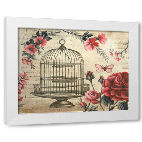 Birdcage and Blossoms White Modern Wood Framed Art Print by Poloson, Kimberly