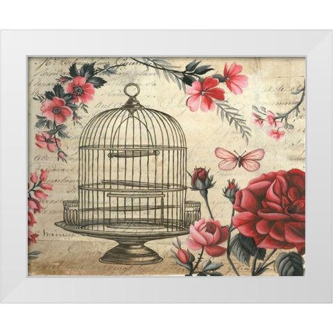Birdcage and Blossoms White Modern Wood Framed Art Print by Poloson, Kimberly