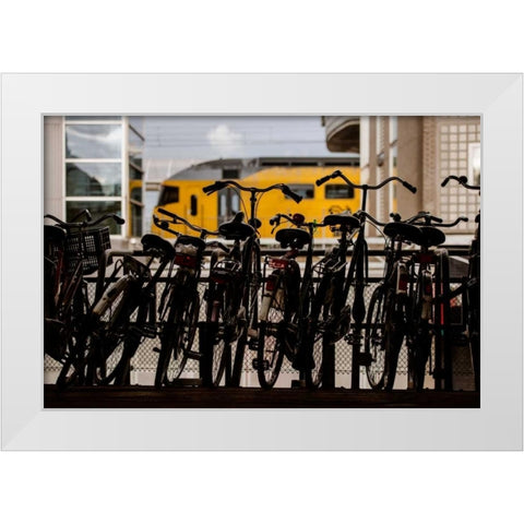 Bicycles at Centraal Station White Modern Wood Framed Art Print by Berzel, Erin