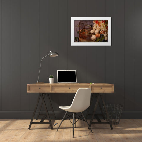 Flowers and Bird Cage II White Modern Wood Framed Art Print by Crane, Rita