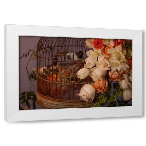 Flowers and Bird Cage II White Modern Wood Framed Art Print by Crane, Rita