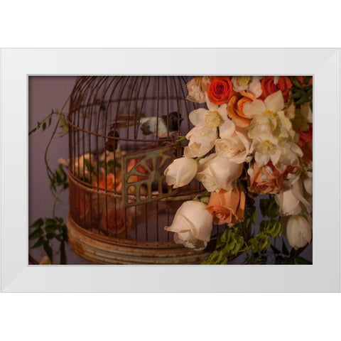 Flowers and Bird Cage II White Modern Wood Framed Art Print by Crane, Rita