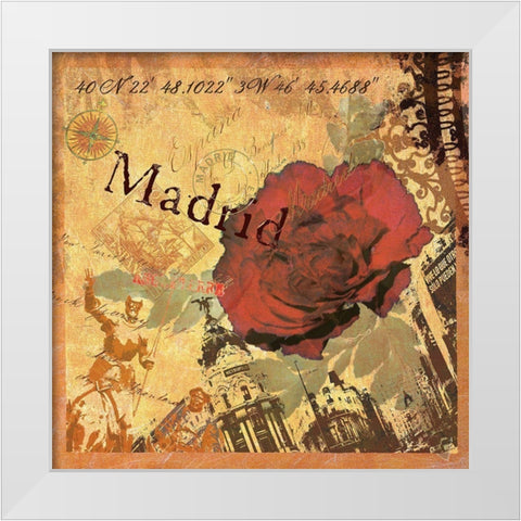 Latitude and Longitude Travel to Madrid White Modern Wood Framed Art Print by Art Licensing Studio