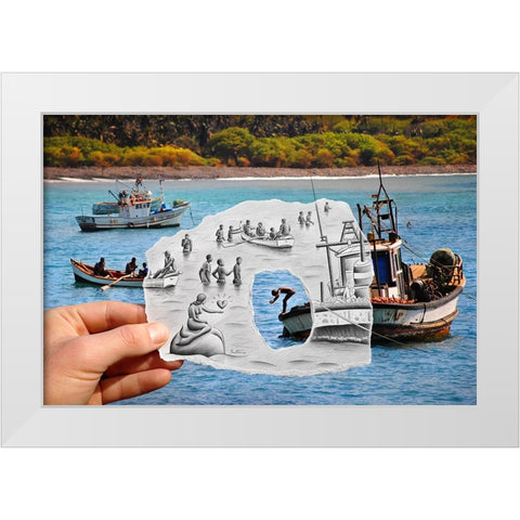 Pencil vs Camera - Boats and Swimmers White Modern Wood Framed Art Print by Heine, Ben
