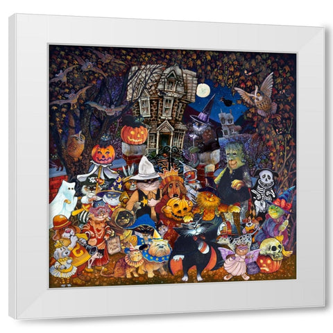 Cats and Dogs Halloween White Modern Wood Framed Art Print by Bell, Bill