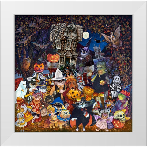Cats and Dogs Halloween White Modern Wood Framed Art Print by Bell, Bill