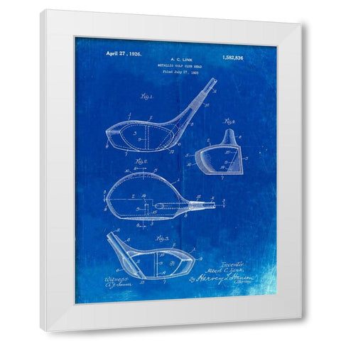 PP9-Faded Blueprint Golf Driver 1925 Patent Poster White Modern Wood Framed Art Print by Borders, Cole