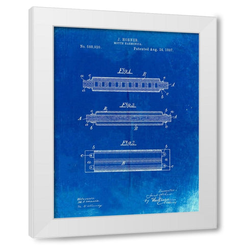 PP94-Faded Blueprint Hohner Harmonica Patent Poster White Modern Wood Framed Art Print by Borders, Cole