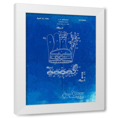 PP272-Faded Blueprint Denkert Baseball Glove Patent Poster White Modern Wood Framed Art Print by Borders, Cole