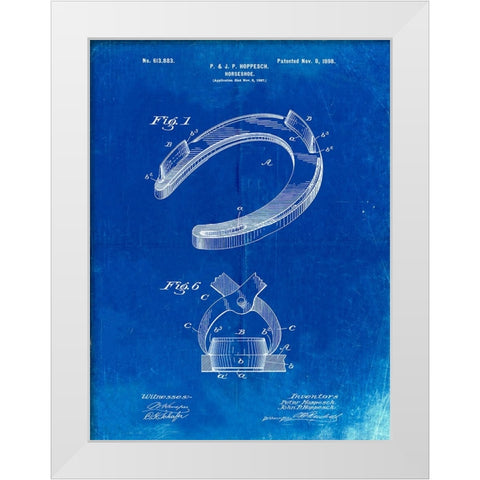 PP523-Faded Blueprint Horseshoe Patent Poster White Modern Wood Framed Art Print by Borders, Cole