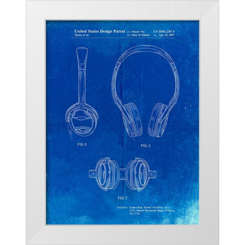 PP543-Faded Blueprint Noise Canceling Headphones Patent Poster White Modern Wood Framed Art Print by Borders, Cole