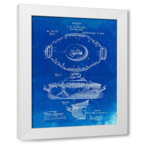 PP657-Faded Blueprint Haviland Covered Serving Dish Canvas Art White Modern Wood Framed Art Print by Borders, Cole