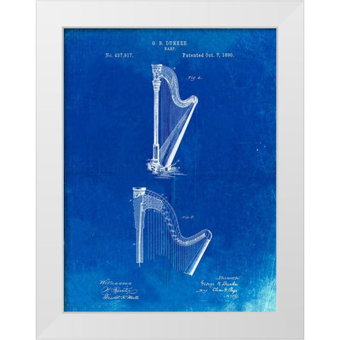 PP662-Faded Blueprint Harp Instrument 1890 Patent Poster White Modern Wood Framed Art Print by Borders, Cole