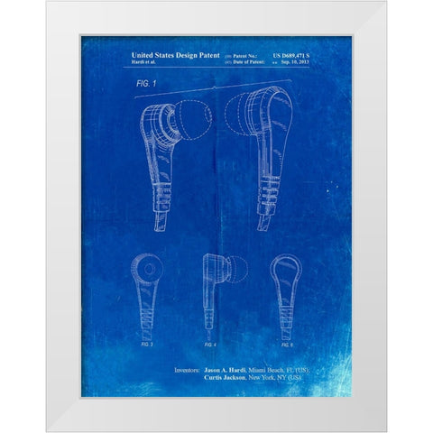 PP686-Faded Blueprint Ear Buds Patent Poster White Modern Wood Framed Art Print by Borders, Cole