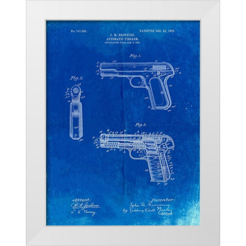 PP755-Faded Blueprint Browning No. 2 Handgun Patent Poster White Modern Wood Framed Art Print by Borders, Cole