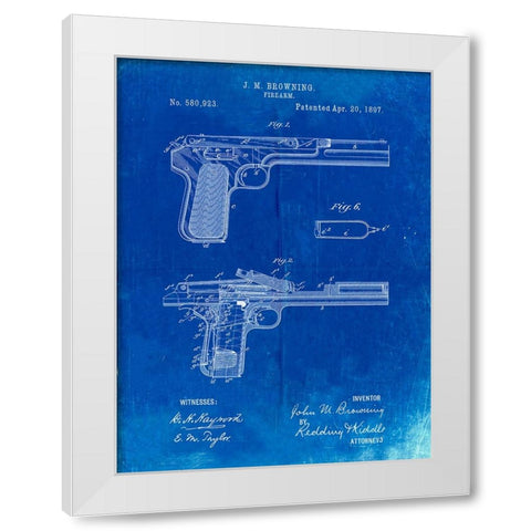 PP894-Faded Blueprint J.M. Browning Pistol Patent Poster White Modern Wood Framed Art Print by Borders, Cole