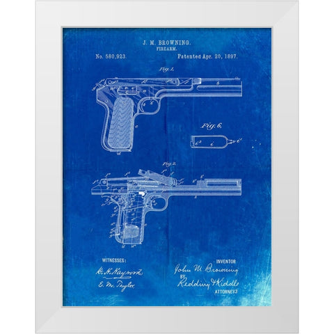 PP894-Faded Blueprint J.M. Browning Pistol Patent Poster White Modern Wood Framed Art Print by Borders, Cole