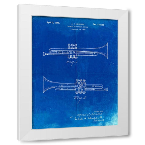 PP1140-Faded Blueprint York Trumpet 1939 Patent Poster White Modern Wood Framed Art Print by Borders, Cole