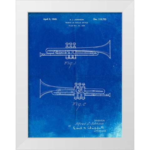 PP1140-Faded Blueprint York Trumpet 1939 Patent Poster White Modern Wood Framed Art Print by Borders, Cole