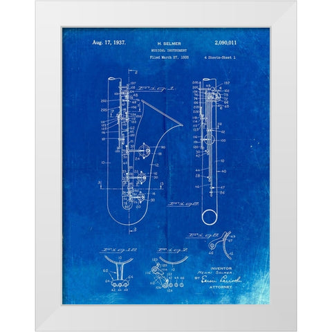 PP156- Faded Blueprint Selmer 1937 Saxophone Poster White Modern Wood Framed Art Print by Borders, Cole