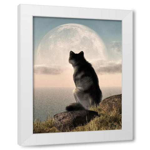 Wolf Watching The Moonrise White Modern Wood Framed Art Print by Eskridge, Daniel