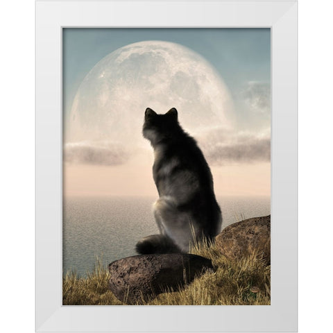Wolf Watching The Moonrise White Modern Wood Framed Art Print by Eskridge, Daniel