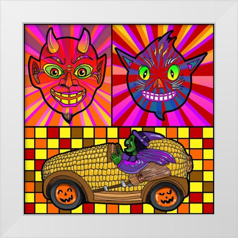 Devil Cat Witch Corn Cob Car White Modern Wood Framed Art Print by Green, Howie