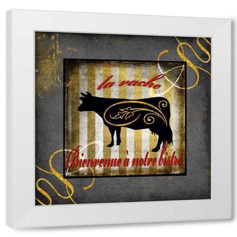 Gold Welcome To Our Bistro Cow 1 White Modern Wood Framed Art Print by LightBoxJournal