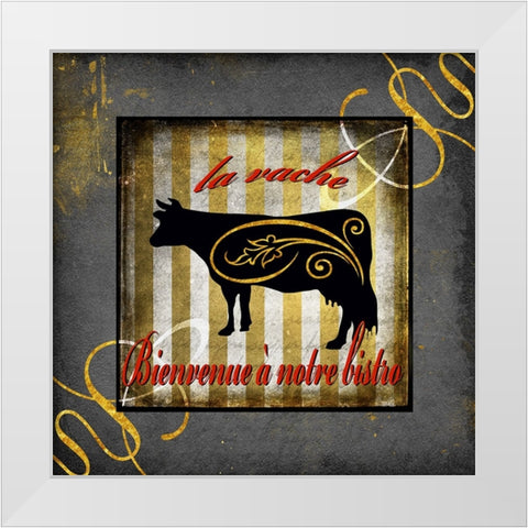 Gold Welcome To Our Bistro Cow 1 White Modern Wood Framed Art Print by LightBoxJournal