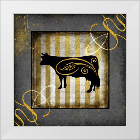 Gold Welcome To Our Bistro Cow 2 White Modern Wood Framed Art Print by LightBoxJournal