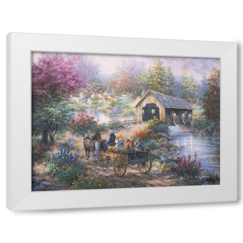 Merriment At Covered Bridge White Modern Wood Framed Art Print by Boehme, Nicky