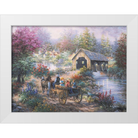 Merriment At Covered Bridge White Modern Wood Framed Art Print by Boehme, Nicky