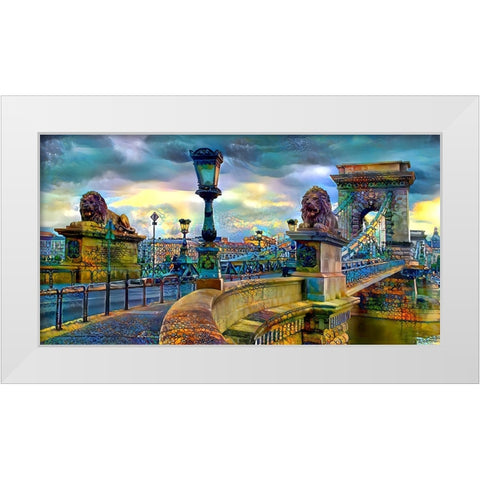 Budapest Hungary Chain Bridge White Modern Wood Framed Art Print by Gavidia, Pedro