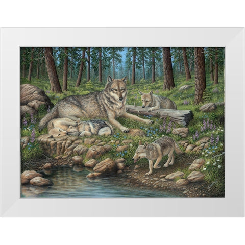 Grey Wolf Mother And Pups White Modern Wood Framed Art Print by Wavra, Robert