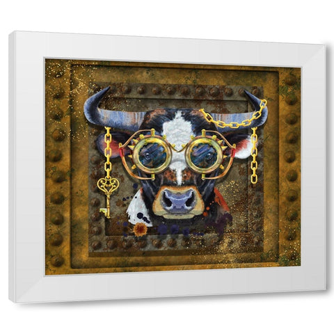 Steampunk Bull White Modern Wood Framed Art Print by Mitchell, Tina