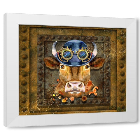 Steampunk Cow White Modern Wood Framed Art Print by Mitchell, Tina