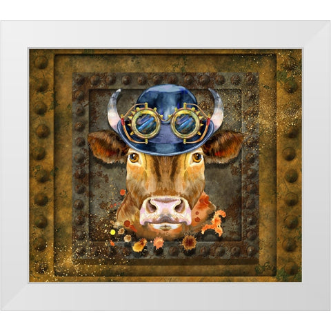Steampunk Cow White Modern Wood Framed Art Print by Mitchell, Tina